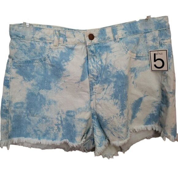 Style 5 Light Blue Denim Jean Shorts Tie Dye High Waist Frayed Hem XL - Picture 1 of 5